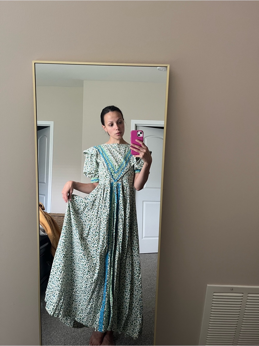 Handmade Vintage Floral Dress with Teal Blue Trim